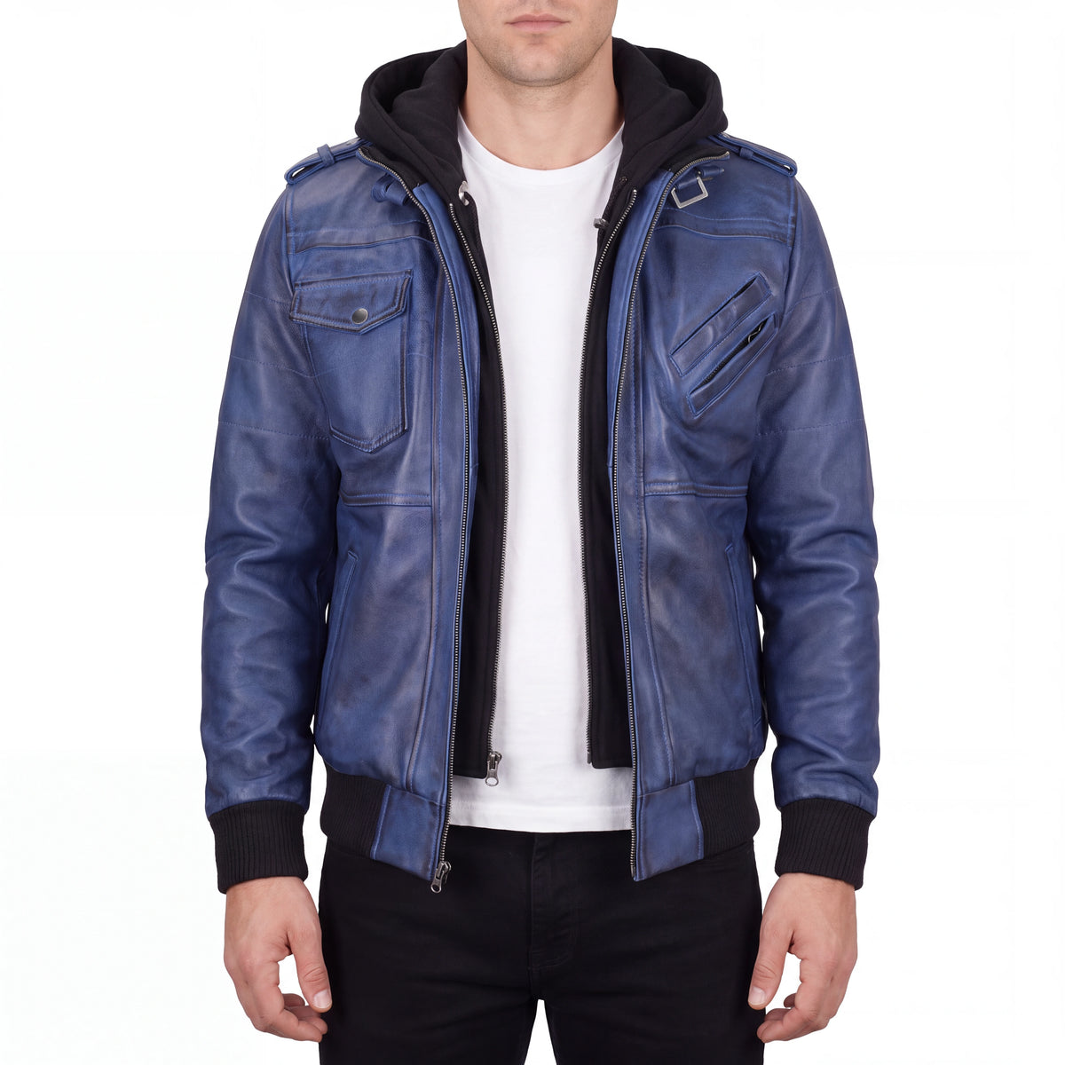 Crosslane Men’s Blue Leather Bomber Jacket with Removable Hood