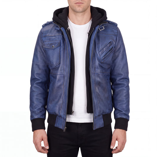 Crosslane Men’s Blue Leather Bomber Jacket with Removable Hood