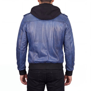 Crosslane Men’s Blue Leather Bomber Jacket with Removable Hood