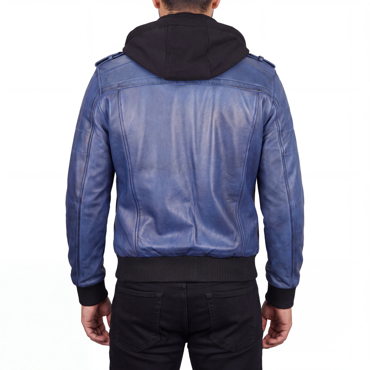 Crosslane Men’s Blue Leather Bomber Jacket with Removable Hood