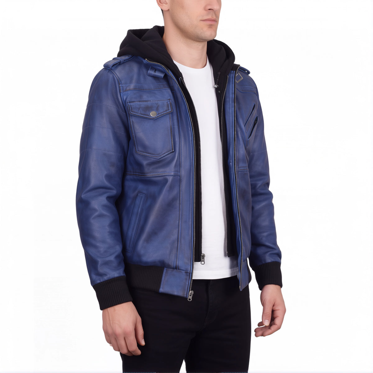 Crosslane Men’s Blue Leather Bomber Jacket with Removable Hood
