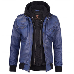 Crosslane Men’s Blue Leather Bomber Jacket with Removable Hood