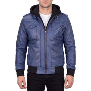 Crosslane Men’s Blue Leather Bomber Jacket with Removable Hood