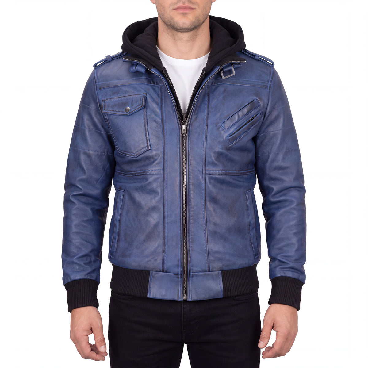 Crosslane Men’s Blue Leather Bomber Jacket with Removable Hood