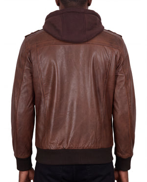 Crosslane Men’s Brown Leather Bomber Jacket with Removable Hood