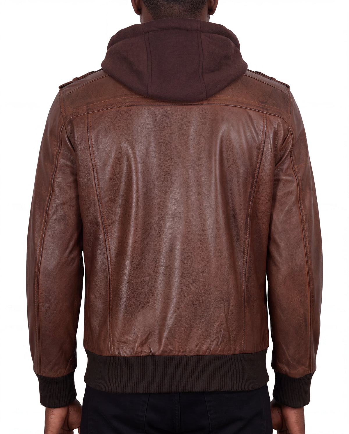 Crosslane Men’s Brown Leather Bomber Jacket with Removable Hood