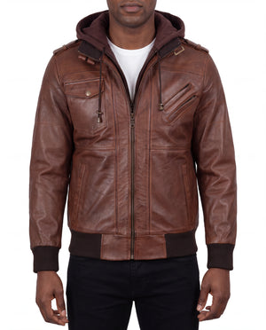 Crosslane Men’s Brown Leather Bomber Jacket with Removable Hood