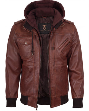 Crosslane Men’s Brown Leather Bomber Jacket with Removable Hood