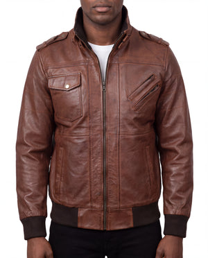 Crosslane Men’s Brown Leather Bomber Jacket with Removable Hood