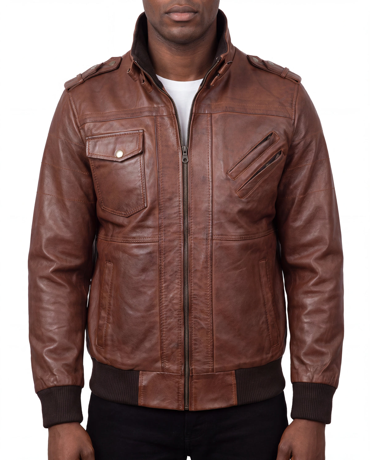 Crosslane Men’s Brown Leather Bomber Jacket with Removable Hood