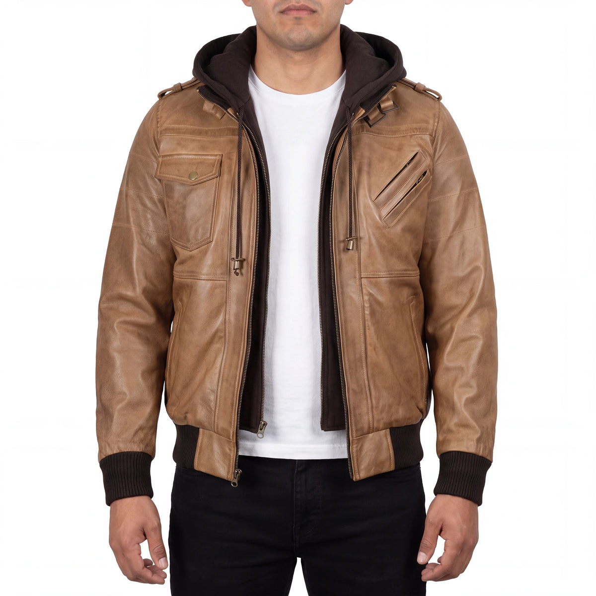 Crosslane Men’s Camel Leather Bomber Jacket with Removable Hood