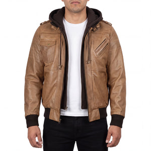 Crosslane Men’s Camel Leather Bomber Jacket with Removable Hood