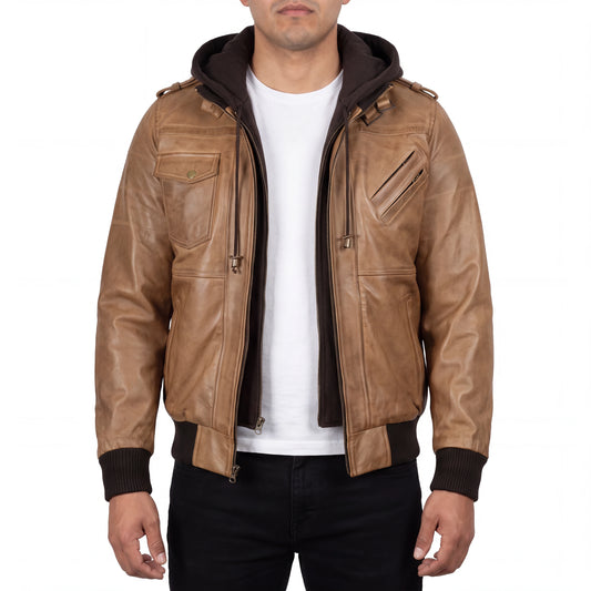 Crosslane Men’s Camel Leather Bomber Jacket with Removable Hood