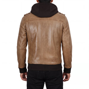 Crosslane Men’s Camel Leather Bomber Jacket with Removable Hood