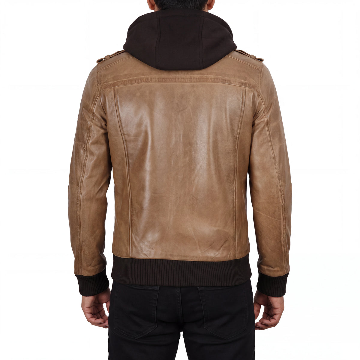 Crosslane Men’s Camel Leather Bomber Jacket with Removable Hood