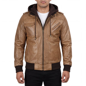 Crosslane Men’s Camel Leather Bomber Jacket with Removable Hood