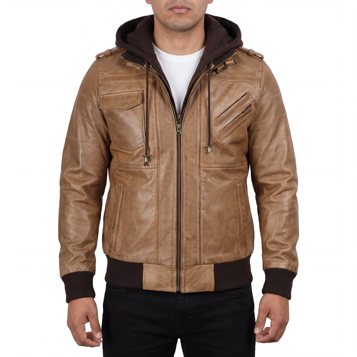 Crosslane Men’s Camel Leather Bomber Jacket with Removable Hood