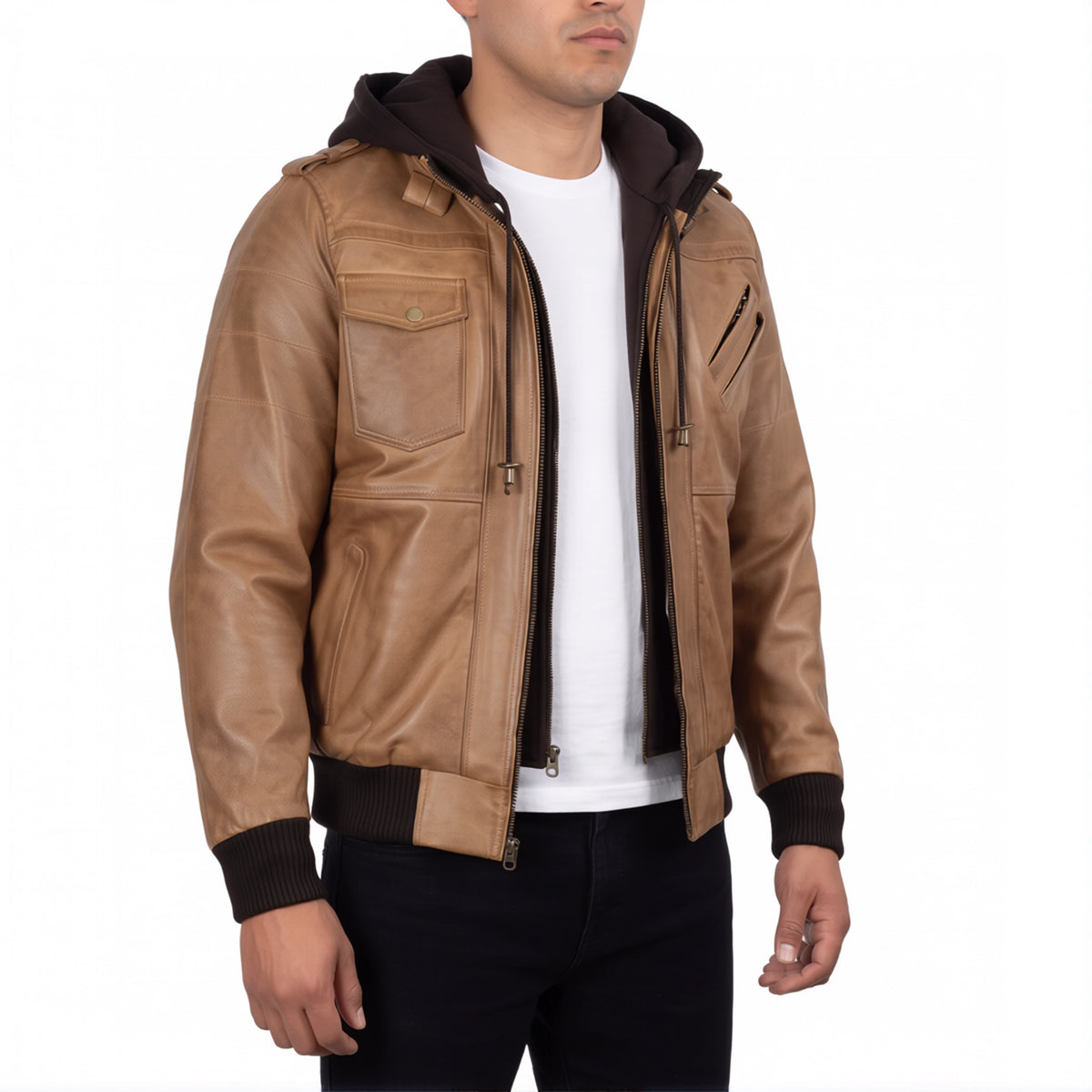 Crosslane Men’s Camel Leather Bomber Jacket with Removable Hood