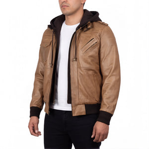 Crosslane Men’s Camel Leather Bomber Jacket with Removable Hood