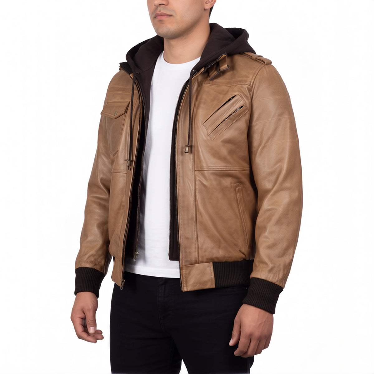 Crosslane Men’s Camel Leather Bomber Jacket with Removable Hood