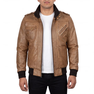 Crosslane Men’s Camel Leather Bomber Jacket with Removable Hood