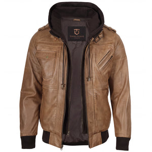 Crosslane Men’s Camel Leather Bomber Jacket with Removable Hood