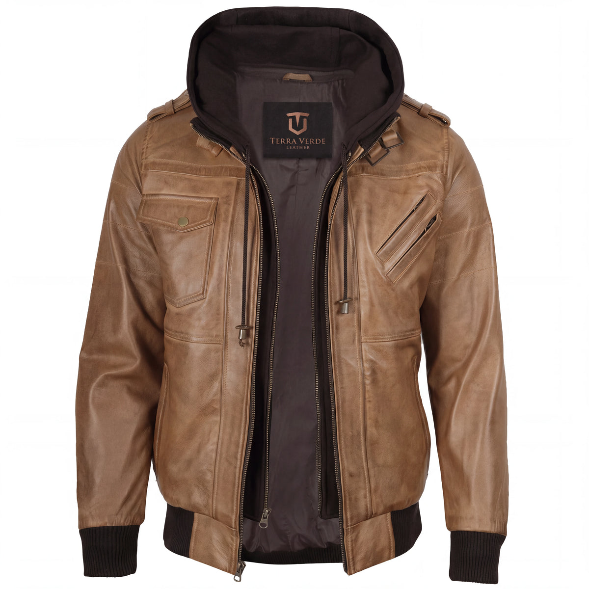 Crosslane Men’s Camel Leather Bomber Jacket with Removable Hood