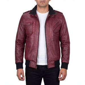 Crosslane Men’s Burgundy Leather Bomber Jacket with Removable Hood