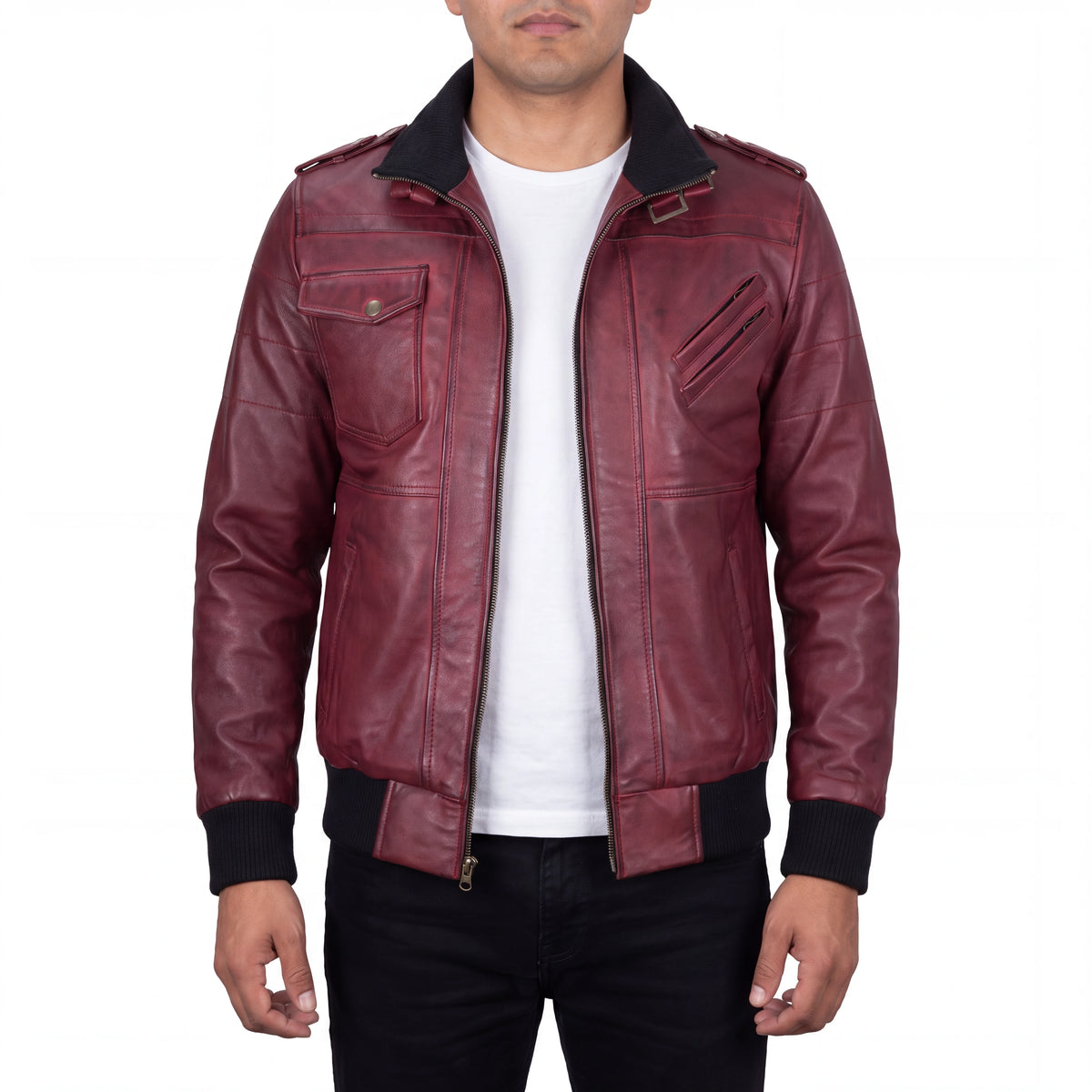 Crosslane Men’s Burgundy Leather Bomber Jacket with Removable Hood