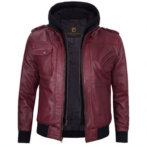 Crosslane Men’s Burgundy Leather Bomber Jacket with Removable Hood