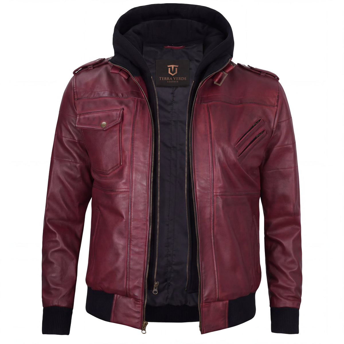 Crosslane Men’s Burgundy Leather Bomber Jacket with Removable Hood