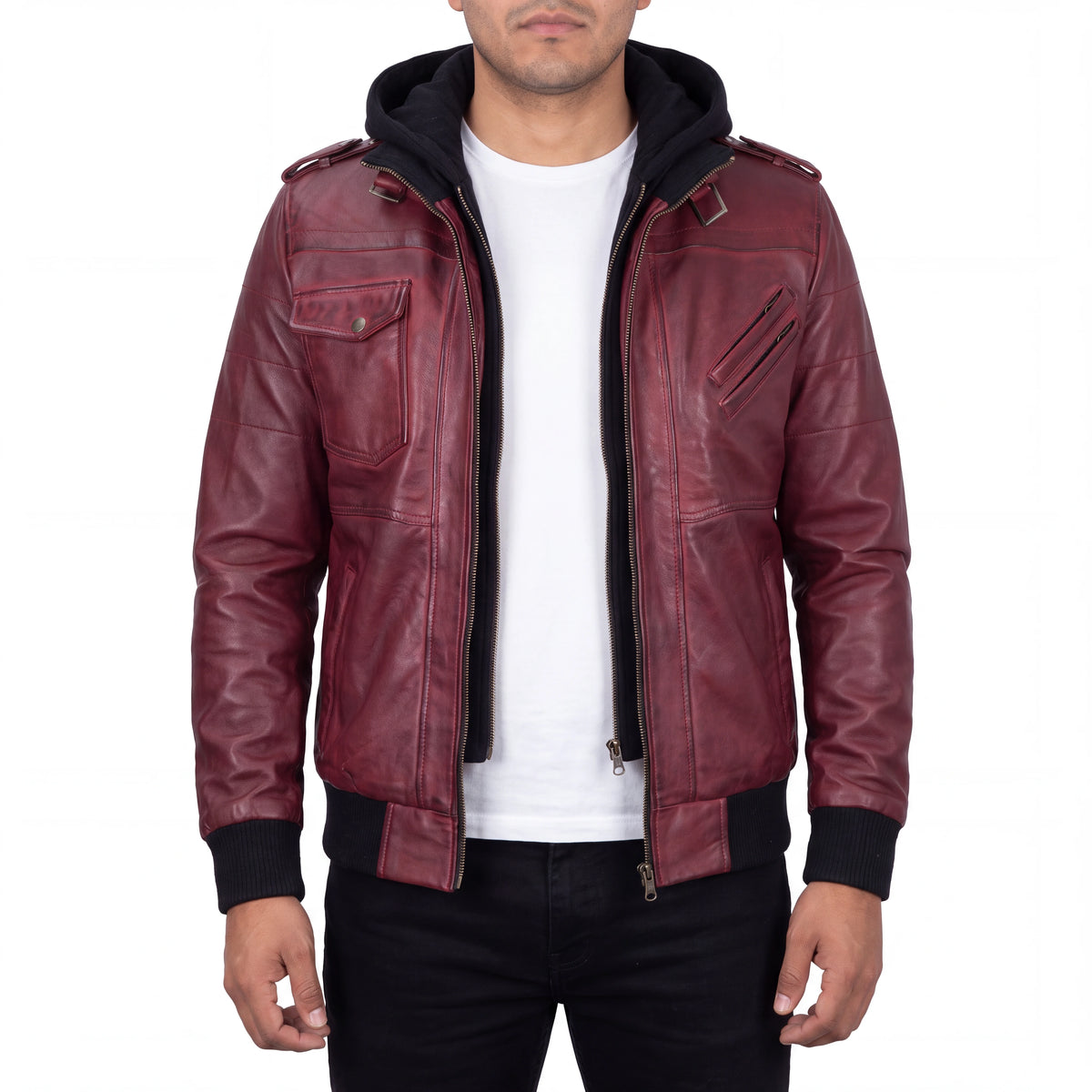 Crosslane Men’s Burgundy Leather Bomber Jacket with Removable Hood