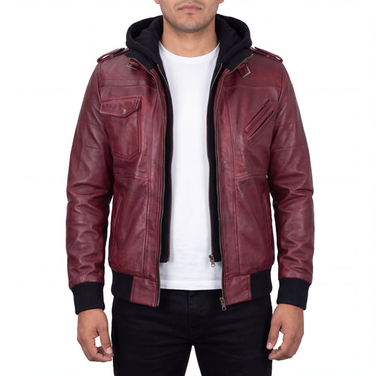 Crosslane Men’s Burgundy Leather Bomber Jacket with Removable Hood