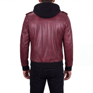 Crosslane Men’s Burgundy Leather Bomber Jacket with Removable Hood