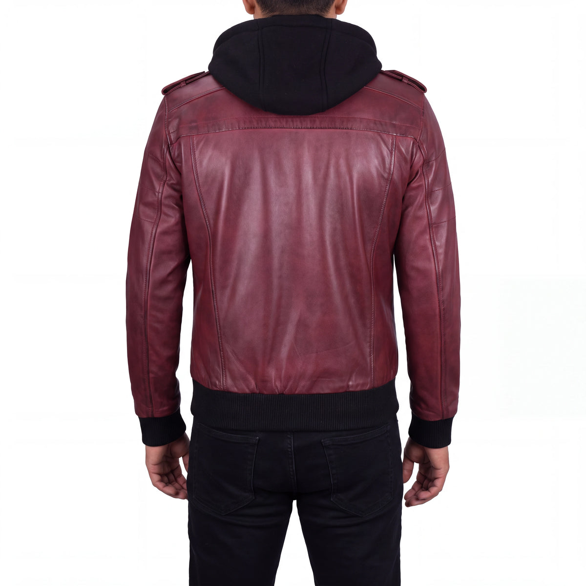 Crosslane Men’s Burgundy Leather Bomber Jacket with Removable Hood