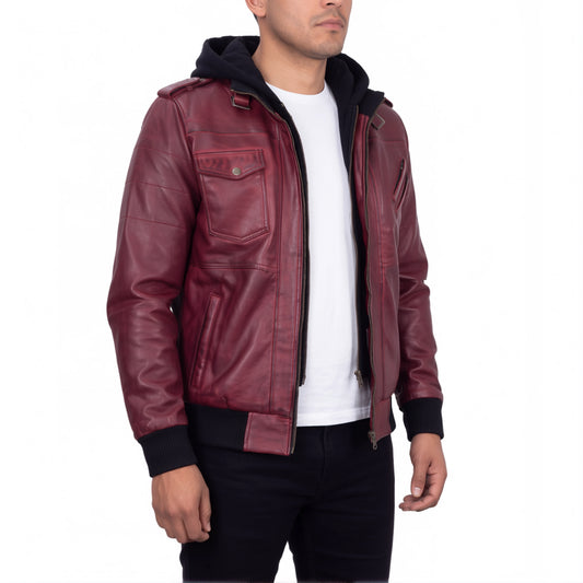 Crosslane Men’s Burgundy Leather Bomber Jacket with Removable Hood