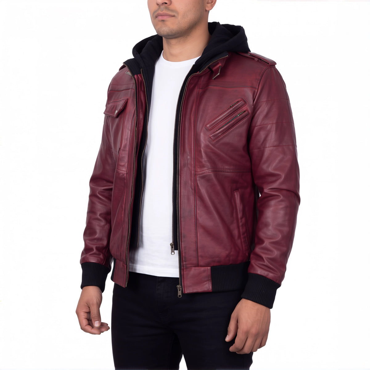 Crosslane Men’s Burgundy Leather Bomber Jacket with Removable Hood