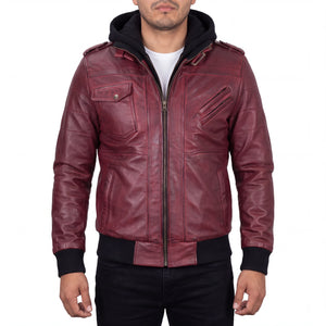 Crosslane Men’s Burgundy Leather Bomber Jacket with Removable Hood