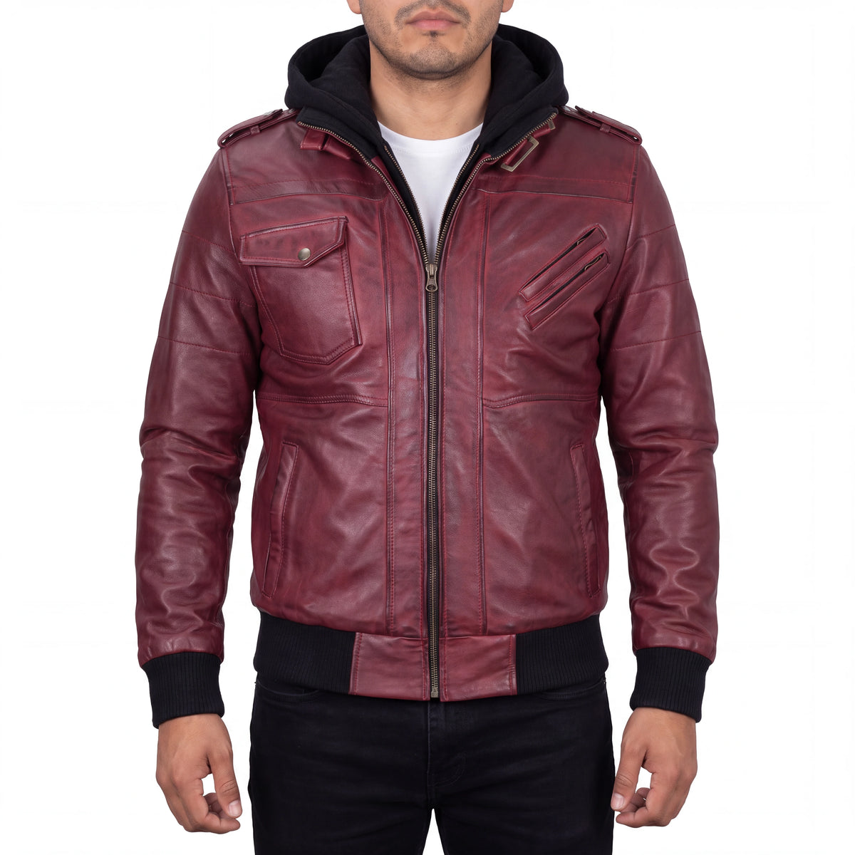 Crosslane Men’s Burgundy Leather Bomber Jacket with Removable Hood