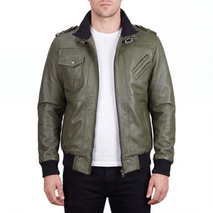 Crosslane Men’s Military Green Leather Bomber Jacket with Removable Hood
