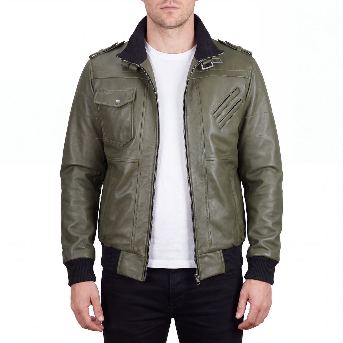 Crosslane Men’s Military Green Leather Bomber Jacket with Removable Hood