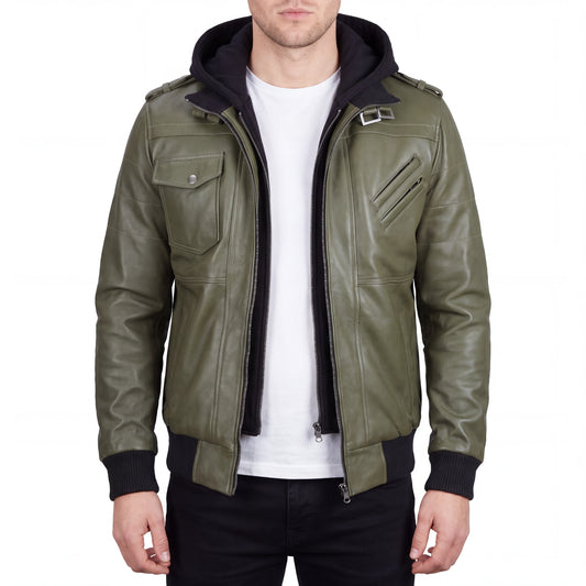 Crosslane Men’s Military Green Leather Bomber Jacket with Removable Hood