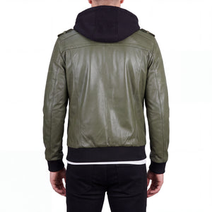 Crosslane Men’s Military Green Leather Bomber Jacket with Removable Hood