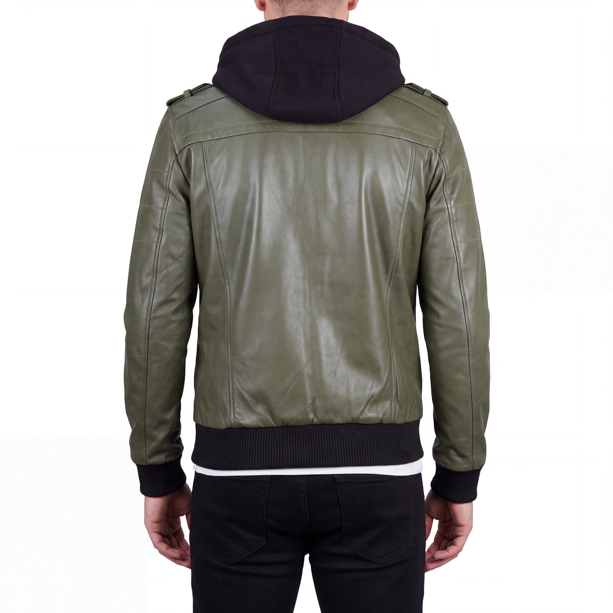 Crosslane Men’s Military Green Leather Bomber Jacket with Removable Hood