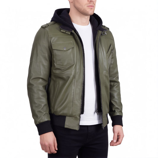 Crosslane Men’s Military Green Leather Bomber Jacket with Removable Hood