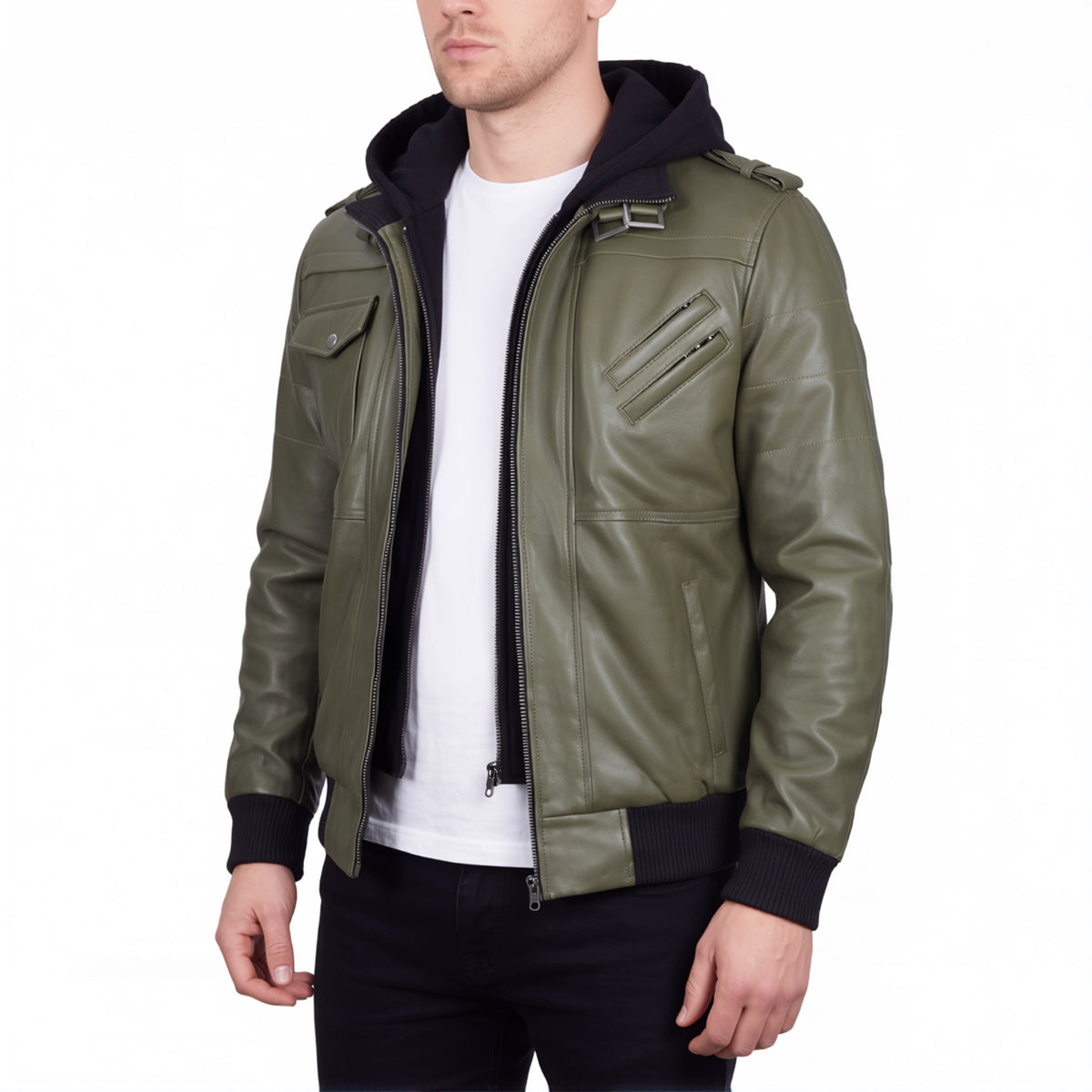 Crosslane Men’s Military Green Leather Bomber Jacket with Removable Hood