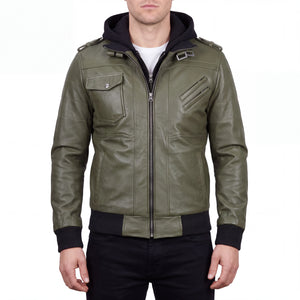 Crosslane Men’s Military Green Leather Bomber Jacket with Removable Hood