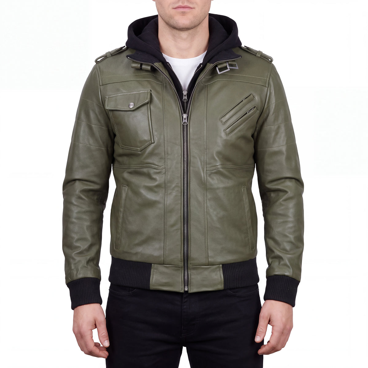 Crosslane Men’s Military Green Leather Bomber Jacket with Removable Hood