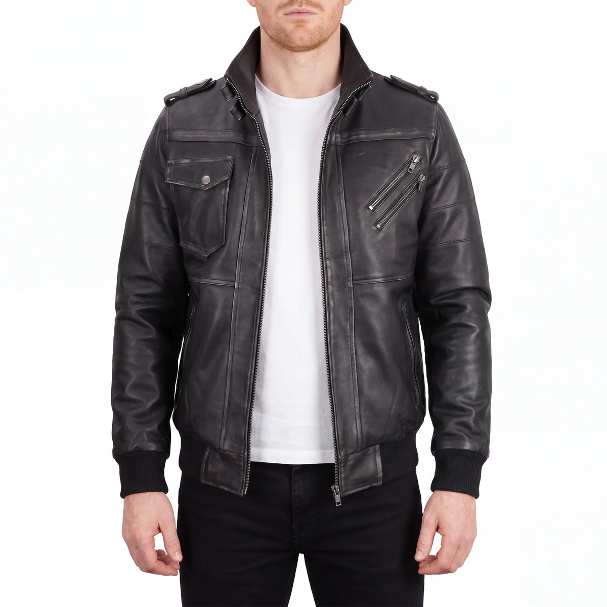 Crosslane Men’s Grey Leather Bomber Jacket with Removable Hood