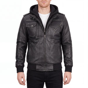 Crosslane Men’s Grey Leather Bomber Jacket with Removable Hood